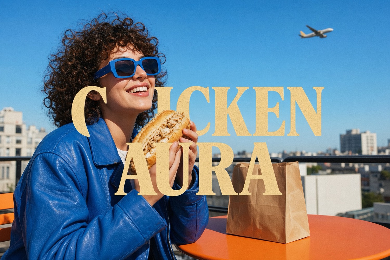 Chicken Aura — rooftop, blue jacket